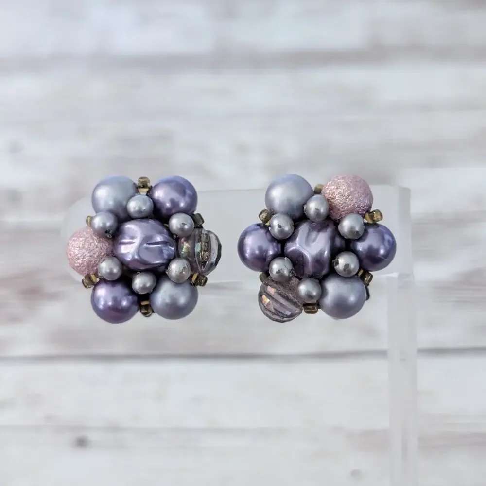 Vintage Clip On Earrings Pretty Purple Tones Large Cluster Statement